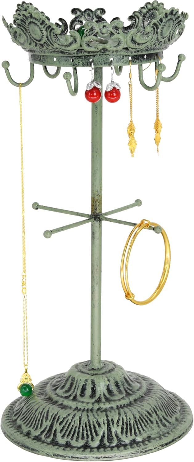 Owlgift Antique Rustic Green Jewelry Organizer Tree - 13.1" Metal Jewelry Tower with Crown Tray, 6 Hanging Hooks & 12 Earring Holes, Bracelet Display Stand for Watches, Bangles, Necklaces & Rings