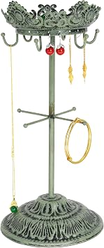 Owlgift Antique Rustic Green Jewelry Organizer Tree - 13.1" Metal Jewelry Tower with Crown Tray, 6 Hanging Hooks & 12 Earring Holes, Bracelet Display Stand for Watches, Bangles, Necklaces & Rings