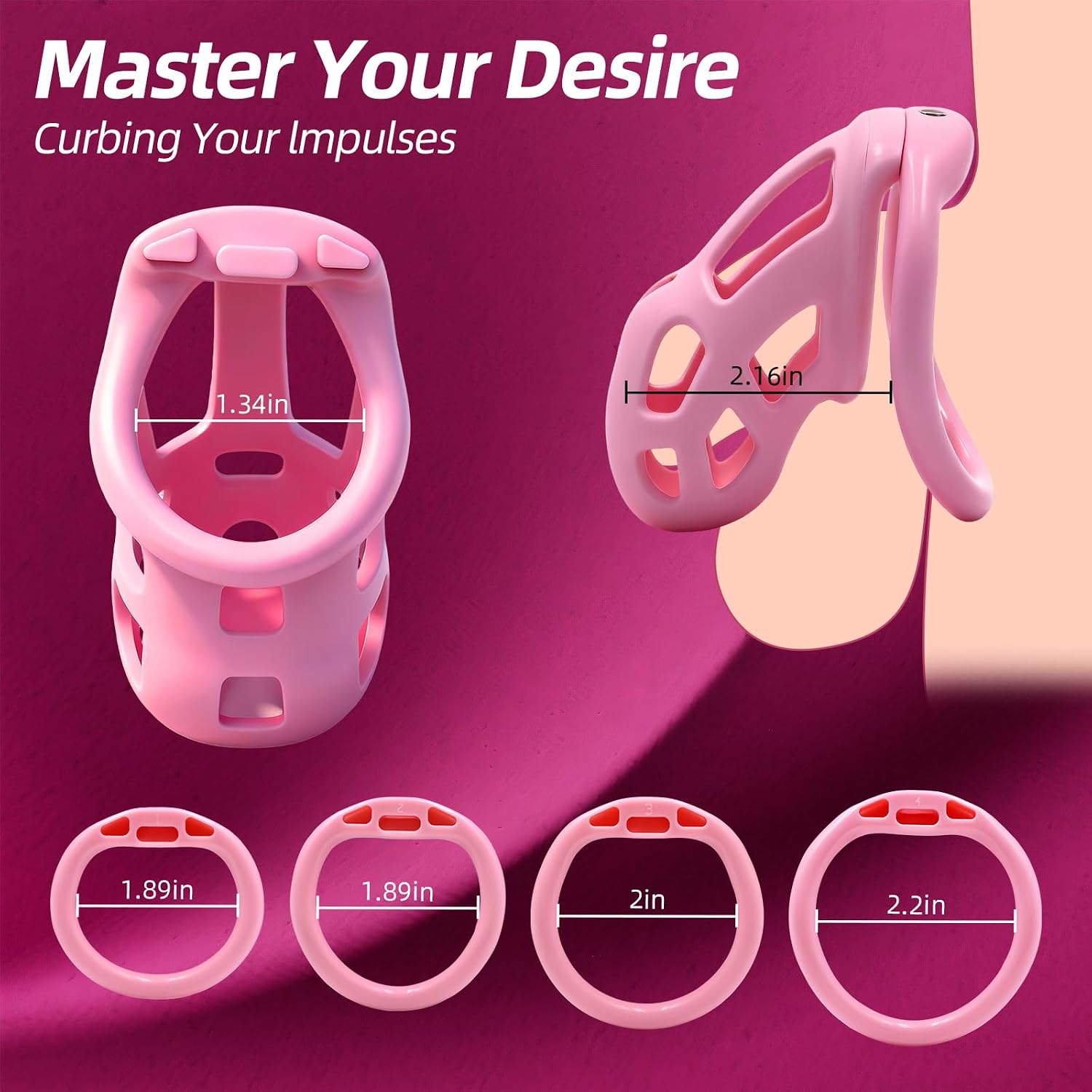Male Chastity Cage - Lightweight Pink Penis Cage with Soft Silicone Front & 4 Sizes Rings, Comfortable Bondage Chastity Device for Men, Perfect for Long-Term Wear, Erection Control & Bondage Play