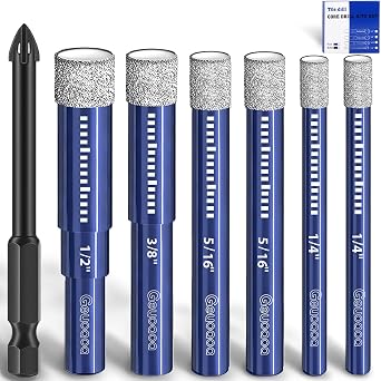 7 Pcs Diamond Drill Bits Set for Ceramic Glass Stone Porcelain Tile, Multi-Purpose Tile Drill Bits Fast Drilling, Round Shank