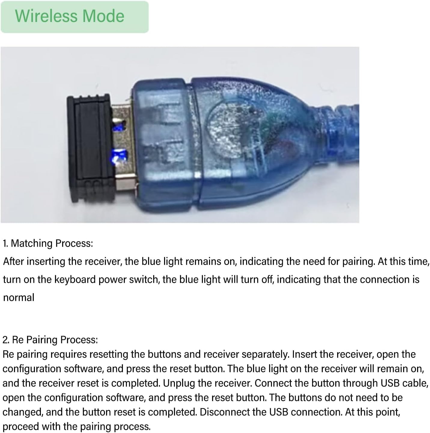 Close-up image of the 2.4G wireless USB receiver for the Fockety Mini Keyboard, showing a blue indicator light.