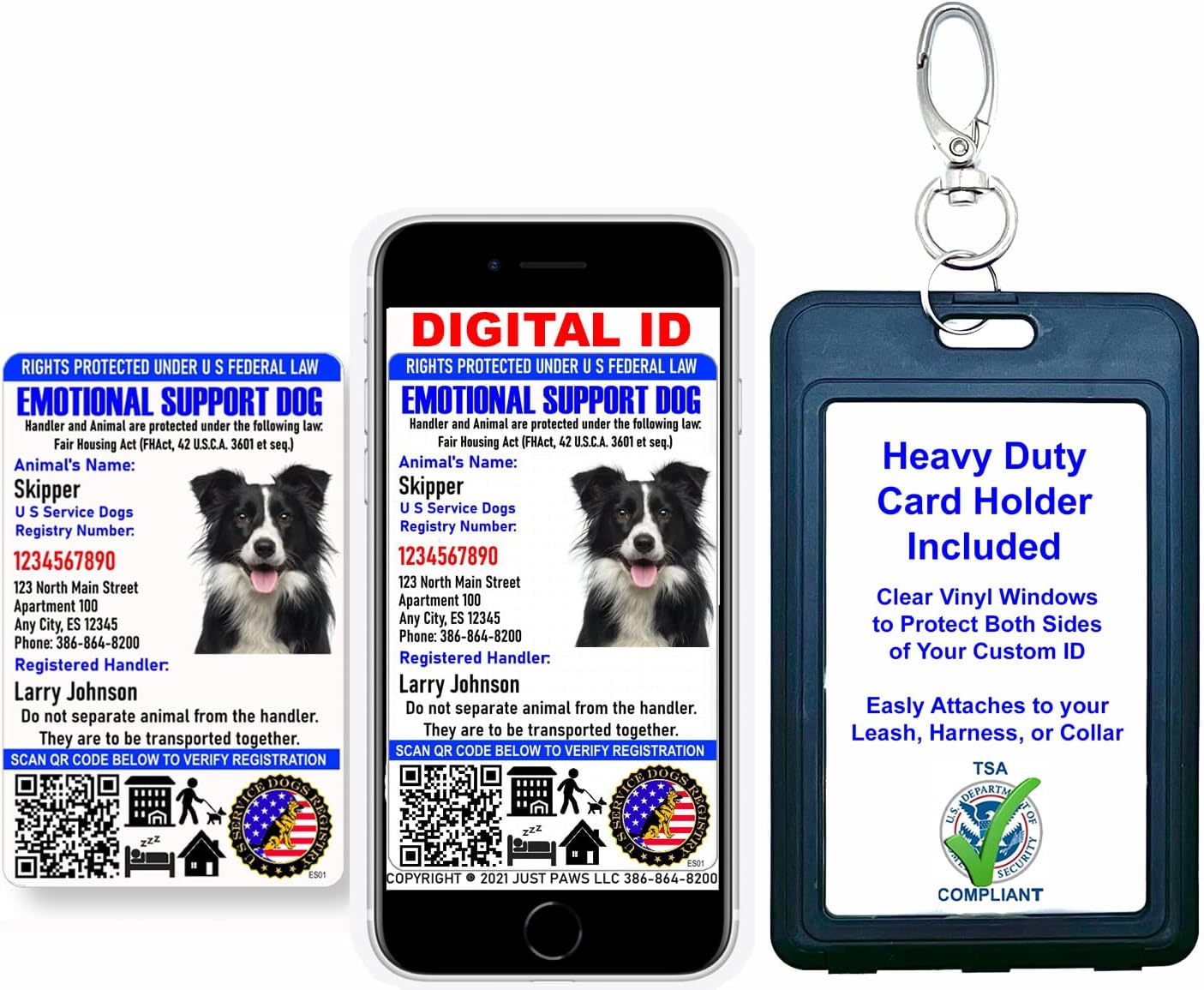 Just 4 Paws Custom Emotional Support ID Card with QR Code & Security Seal and Optional Holograph | Registration to U S Service Dogs Registry Plus ID Holder & Digital ID - Portrait Style