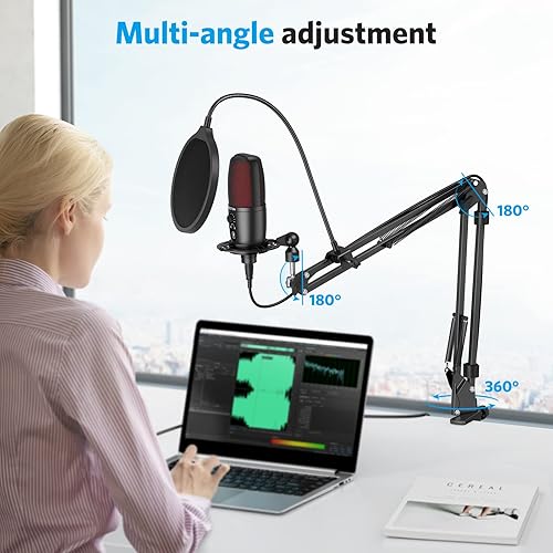 Miniatura 4 de TECURS Micrófono USB de condensador, kit de micrófono de PC con brazo de brazo ajustable, micrófono para juegos para grabación, podcasting,