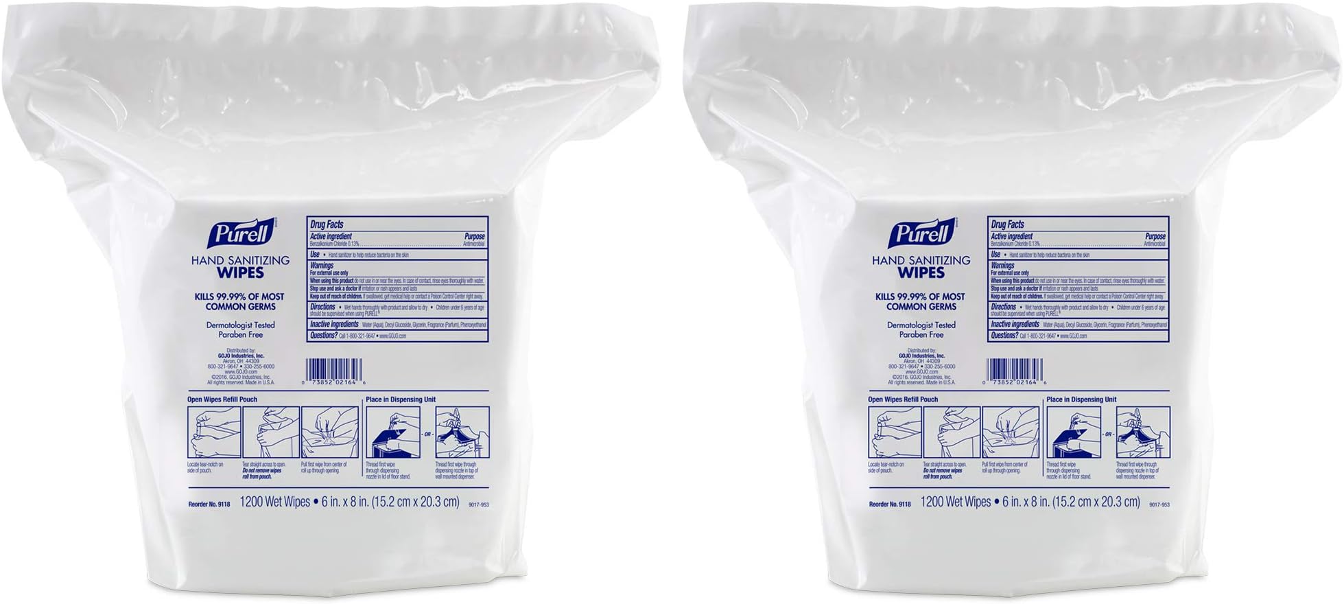 Purell Hand Sanitizing Wipes, Alcohol Free Formula, 1200 Count Wipes Refill for Purell High Capacity Wall and Floor Stand Wipes Dispenser (Pack of 2) - 9118-02