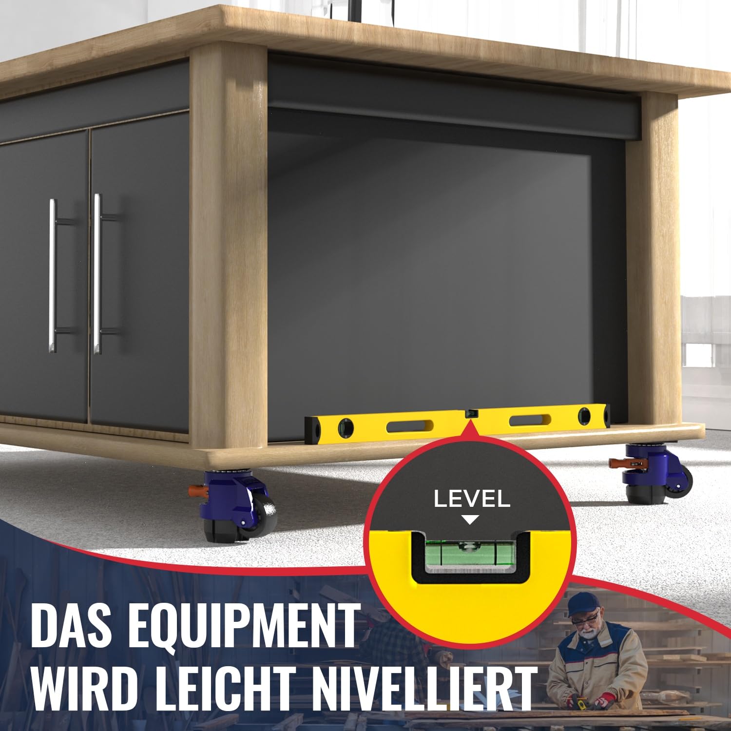 4 x Premium Nivellierrollen - Schwerlastrollen mit Ratschengriff - Gesamthöhe 107-114 mm - Industrierollen für Werkbank