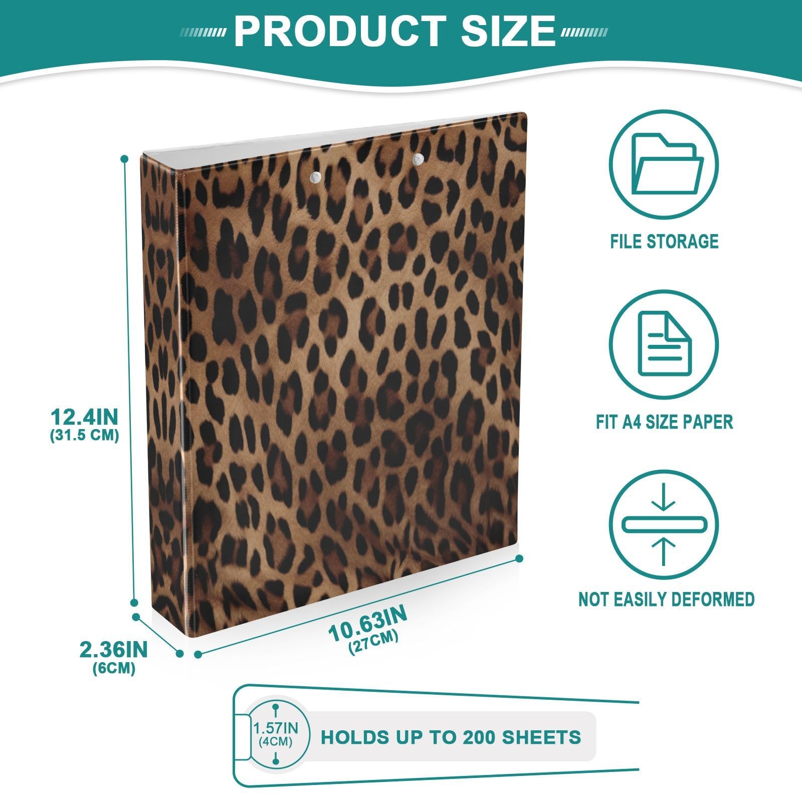 Raccoglitore versatile con stampa leopardata, 3,8 cm, 3 anelli, con portablocco, pronto per ufficio/casa, anello rotondo, contiene 200 fogli, confezione da 1