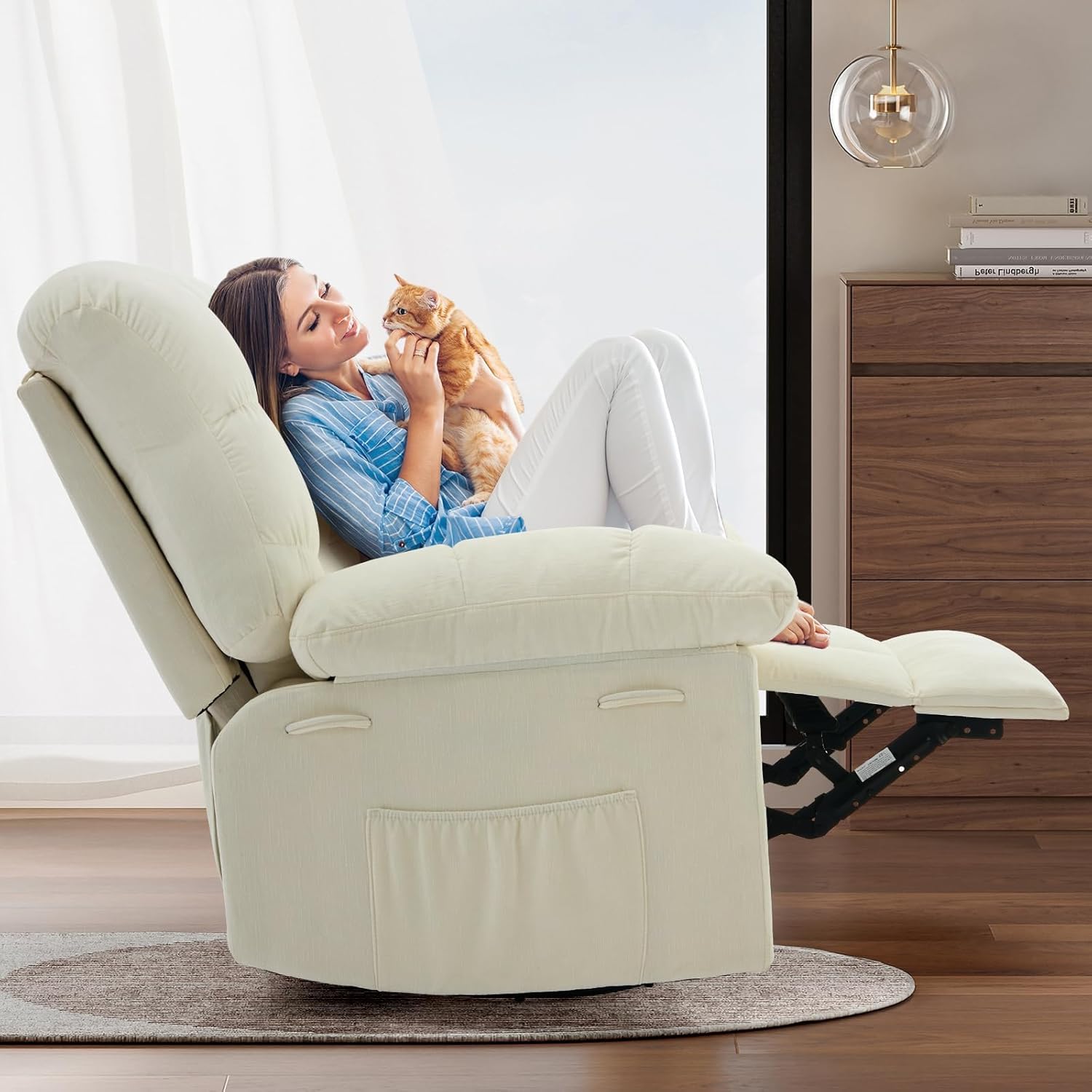 Swivel Rocking Recliner Chair With Extra Large Footrest High Back, 360° Swivel Rocker Chair,Upholstered Glider Nursery Chair for Living Room, Bedroom & Nursery, Comfortable Deep Seat for Relaxation
