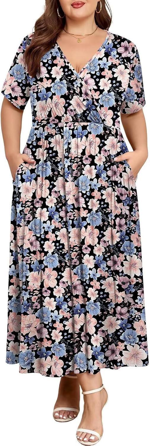 BELAROI Women Plus Size Maxi Dress Summer Casual V Neck Short Sleeve Long Beach Dresses with Pockets