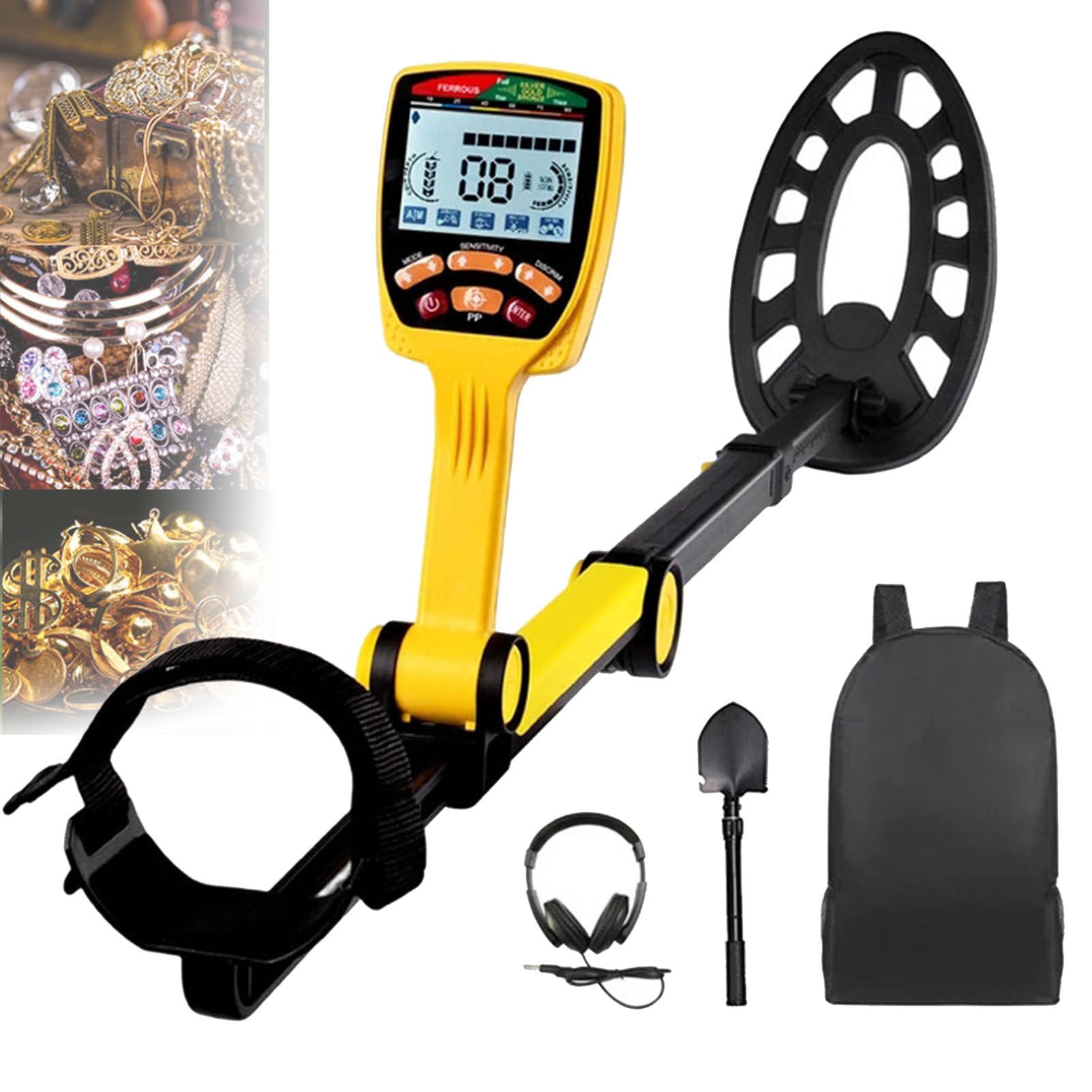 Detector de metales de profundidad para adultos, kit profesional plegable con puntero, detector de oro impermeable con 7 modos, auriculares y pantalla LCD retroiluminada.