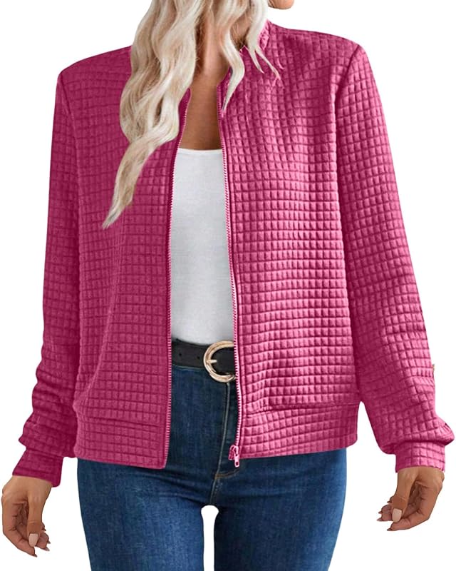 Waffle Knit Tops for Women 2025 Oversized Zip Up Sweatshirt Cropped Bomber Jacket Lightweight Casual Fall Fashion