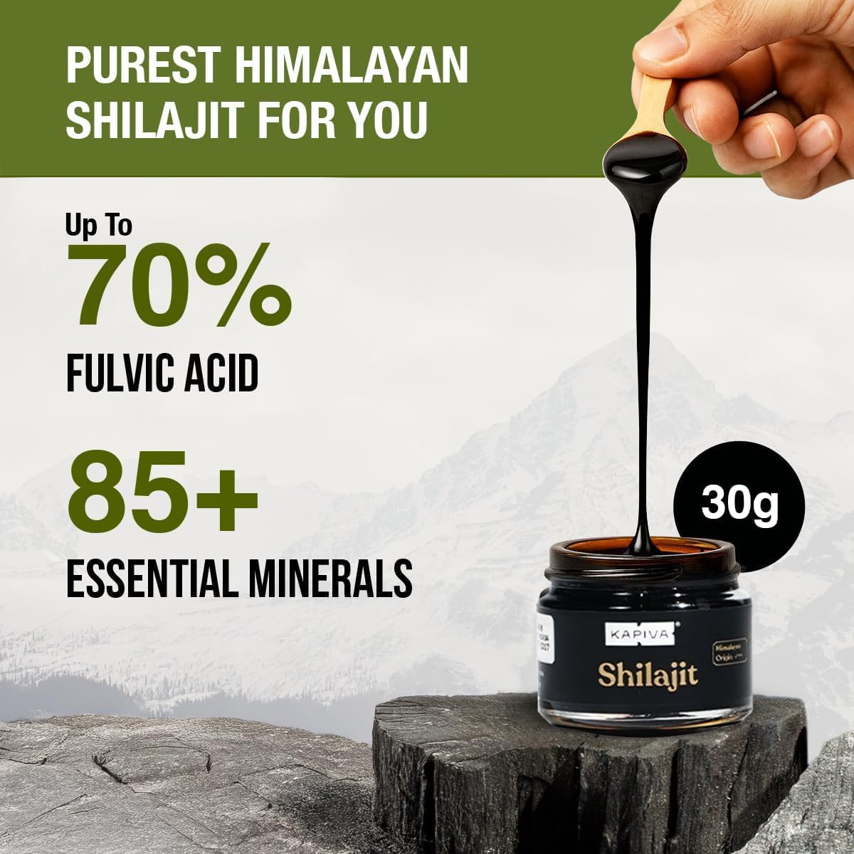 Kapiva 100% Pure Himalayan Shilajit Resin(30gm), High Potency for Men & Women | 120 Servings of 250mg | 80+ Trace Minerals, Upto 70% Fulvic Acid | Authentic | Natural Energy & Immune Support — Amazon image 3