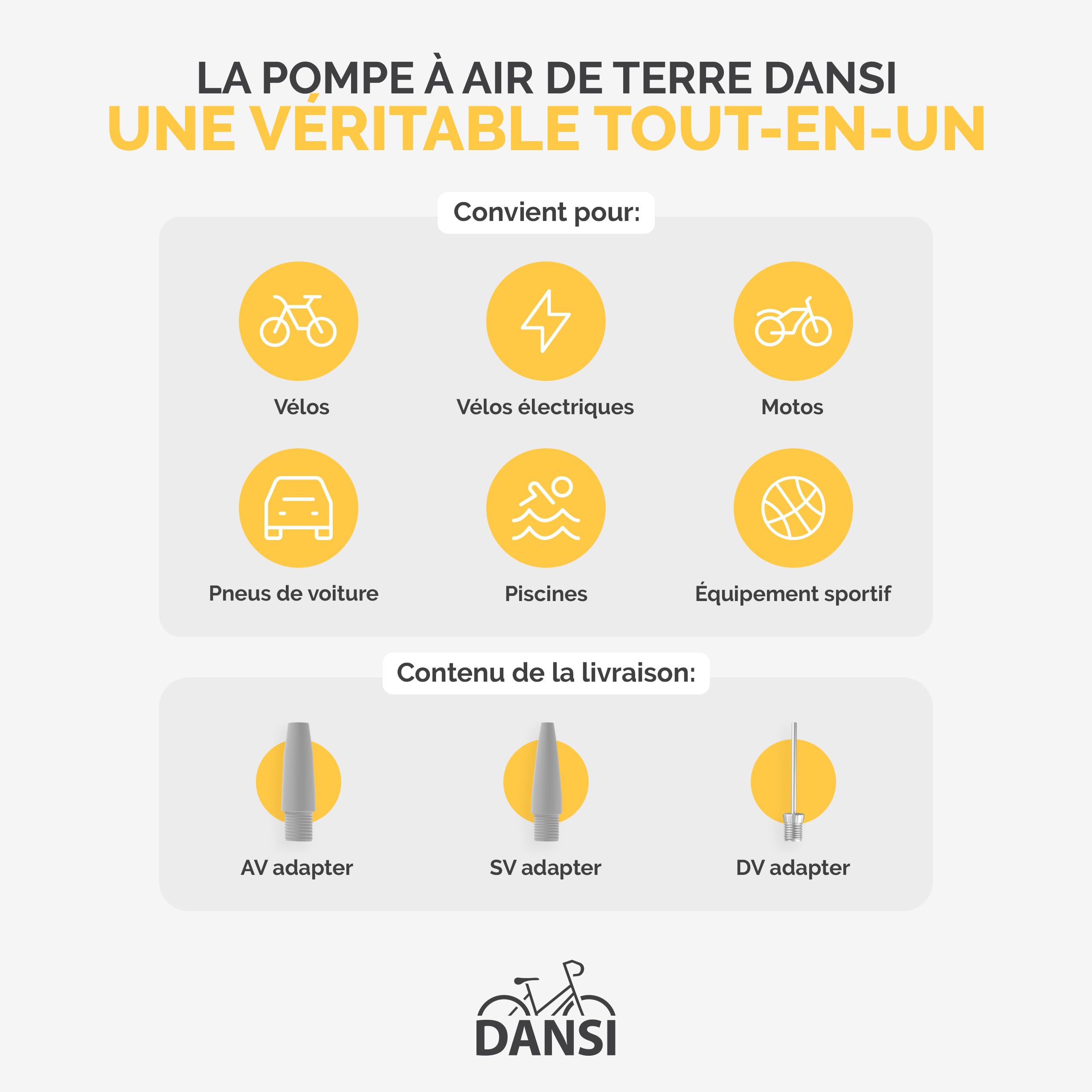 DANSI Pompe à vélo à Pied Toutes valves AV, SV, DV avec Grand manomètre