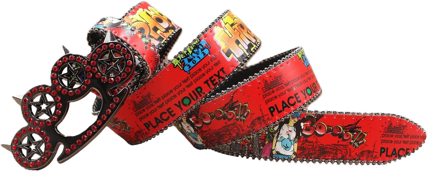 Hip Hop & Punk Graffiti Western Printed Pattern Studded Belt Cute Hollow Cat Paw Rhinestones Buckle Leather Strap