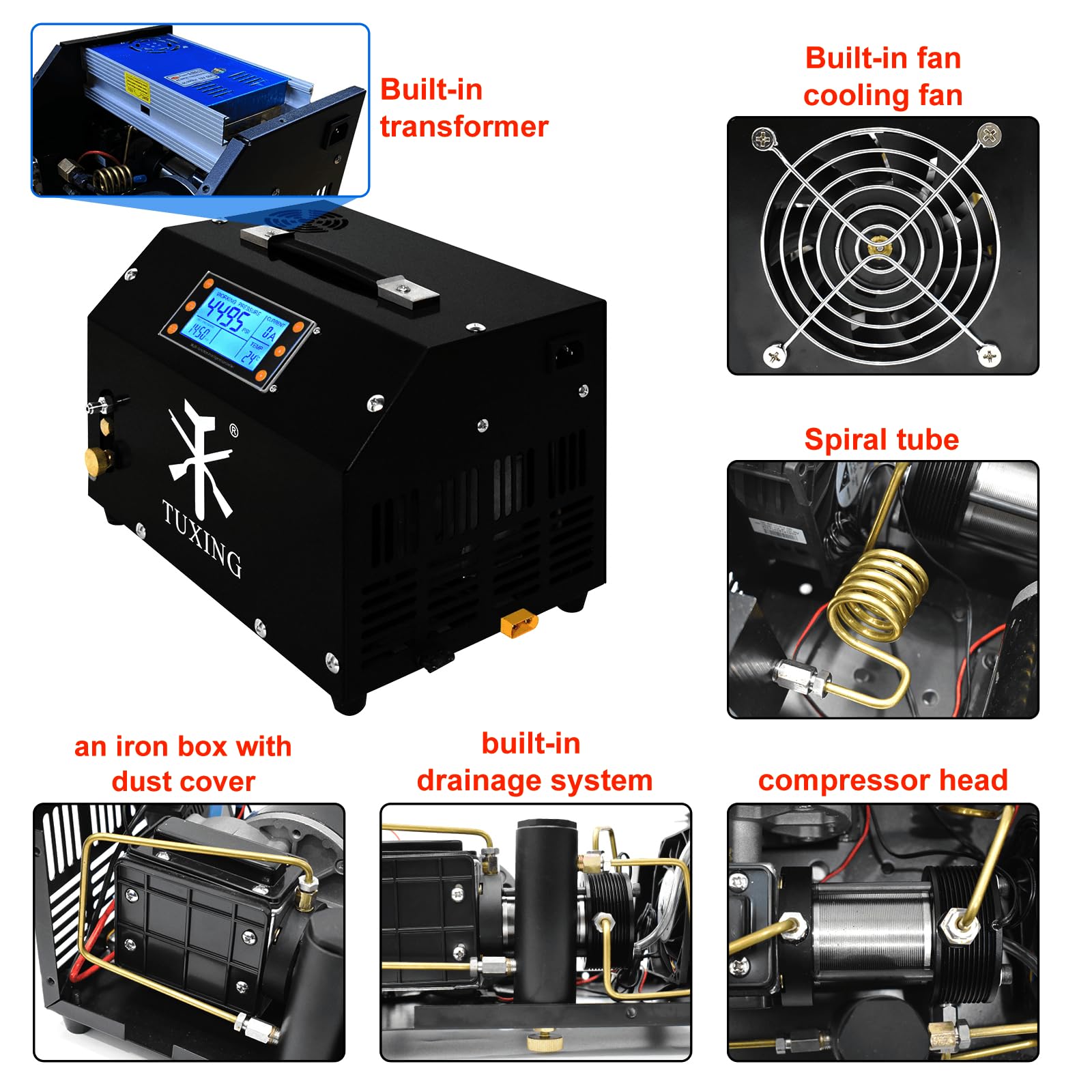 Compresor de Aire PCP TUXING de 4500 PSI, Versión con Pantalla LCD, Parada Automática, sin Aceite ni Agua, Transformador Integrado y Sistema de Drenaje para Rifles y Pistolas de Aire Comprimido PCP