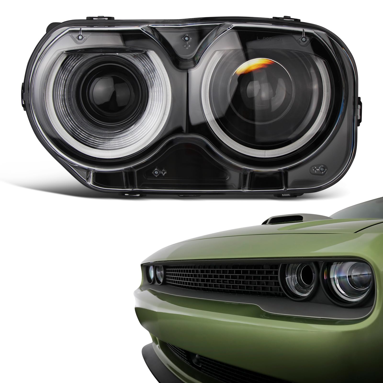 KNSPEC Headlight Assembly Compatible With Dodge Challenger 2015-2021 Black Housing Halogen Head Lights Replaceable 68174065AF CH2502267 (Left Driver