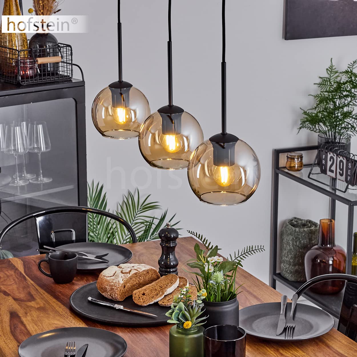 Lámpara colgante Koyoto, lámpara colgante de metal/cristal en negro/ámbar/claro, lámpara de 3 luces en diseño vintage/retro con pantallas de cristal (Ø 15 cm), altura máx. 147,5cm, E27,sin bombilla(s)