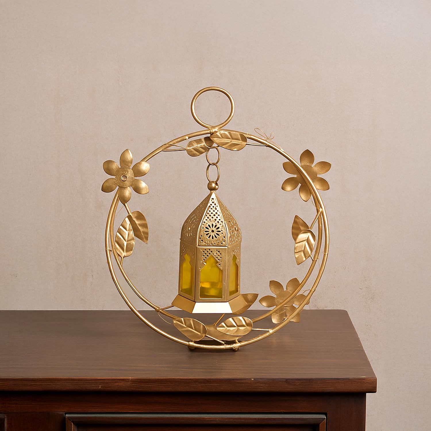 MARKET 99 Metal+Glass Golden Metal Wreath Lantern with Yellow Glass | for Diwali, Christmas, Birthday, and Wedding | Decorative Candle Holder for Home Decor & Festive Season | Golden & Yellow-image-19