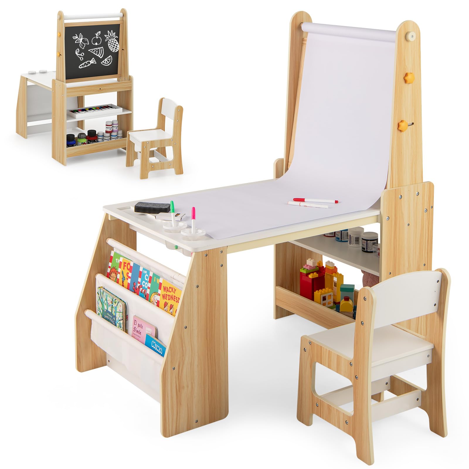Maxmass Kids Art Table and Chair, Wooden Children Activity Table with Whiteboard, Chalkboard, Paper Roll, Open Shelves, 2-Tier Bookshelf, Toddler Desk Set for Study Learning Drawing (Natural + White)