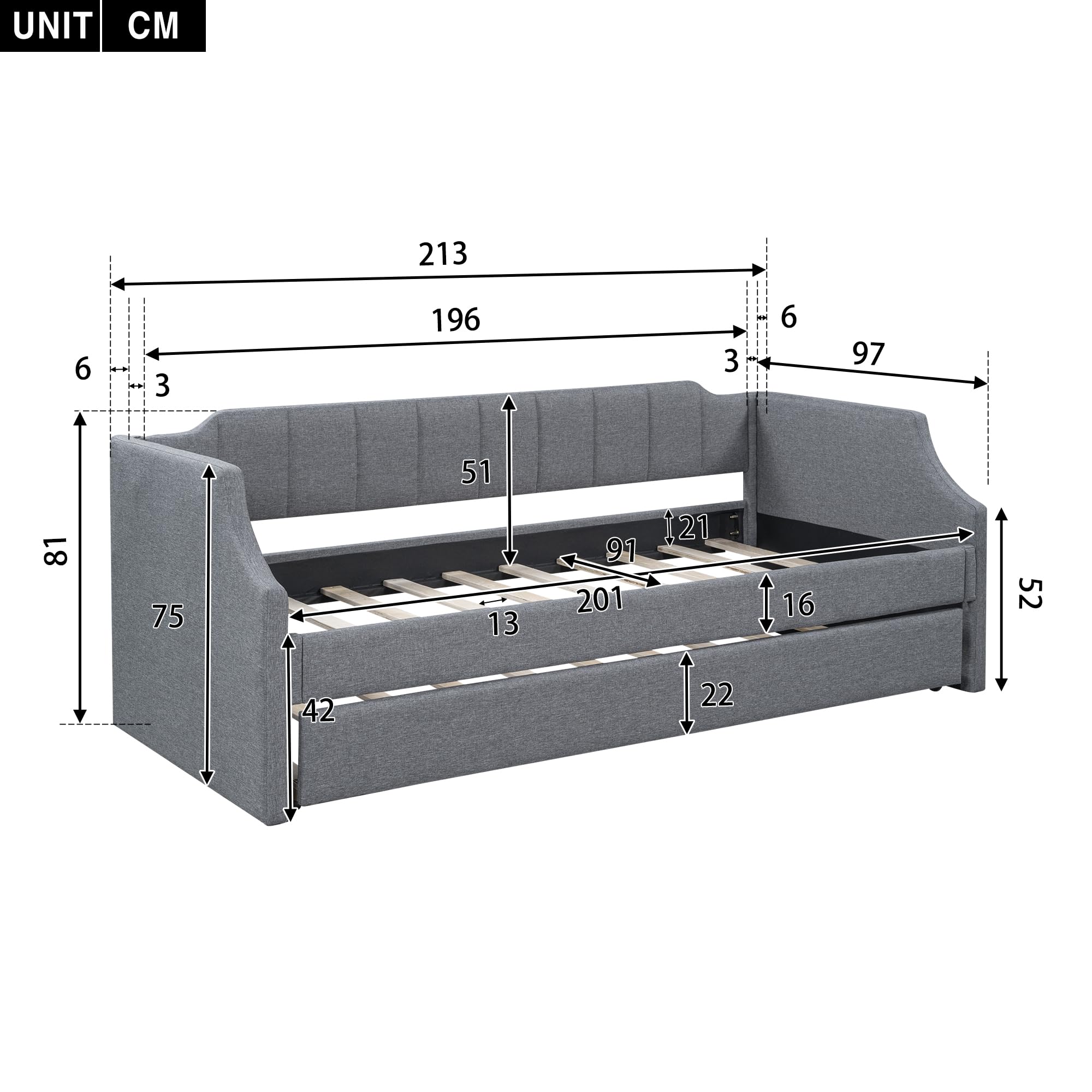 Azkoeesy Sofá Cama tapizado con Cama Nido, 90x200 cm, Cama Doble, Cama de Invitados, para niño y Adulto, máx. 120 kg, Funda de Lino, Color Gris (sin colchón)