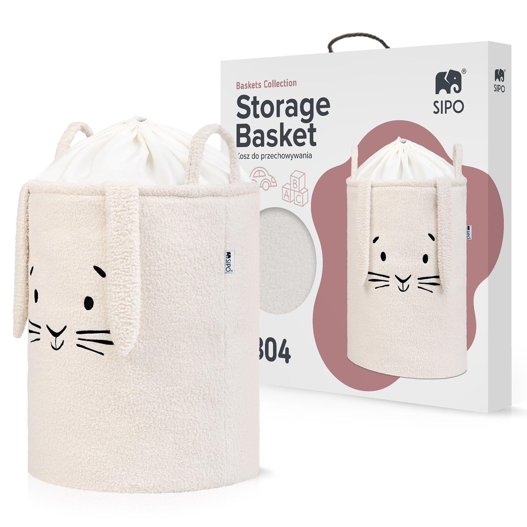 SIPO Cesto in tessuto 43L XL – Organizzatore per giocattoli e vestiti per neonati, bouclé, con chiusura a cordoncino, pieghevole, per la cameretta dei bambini, coniglietto color crema