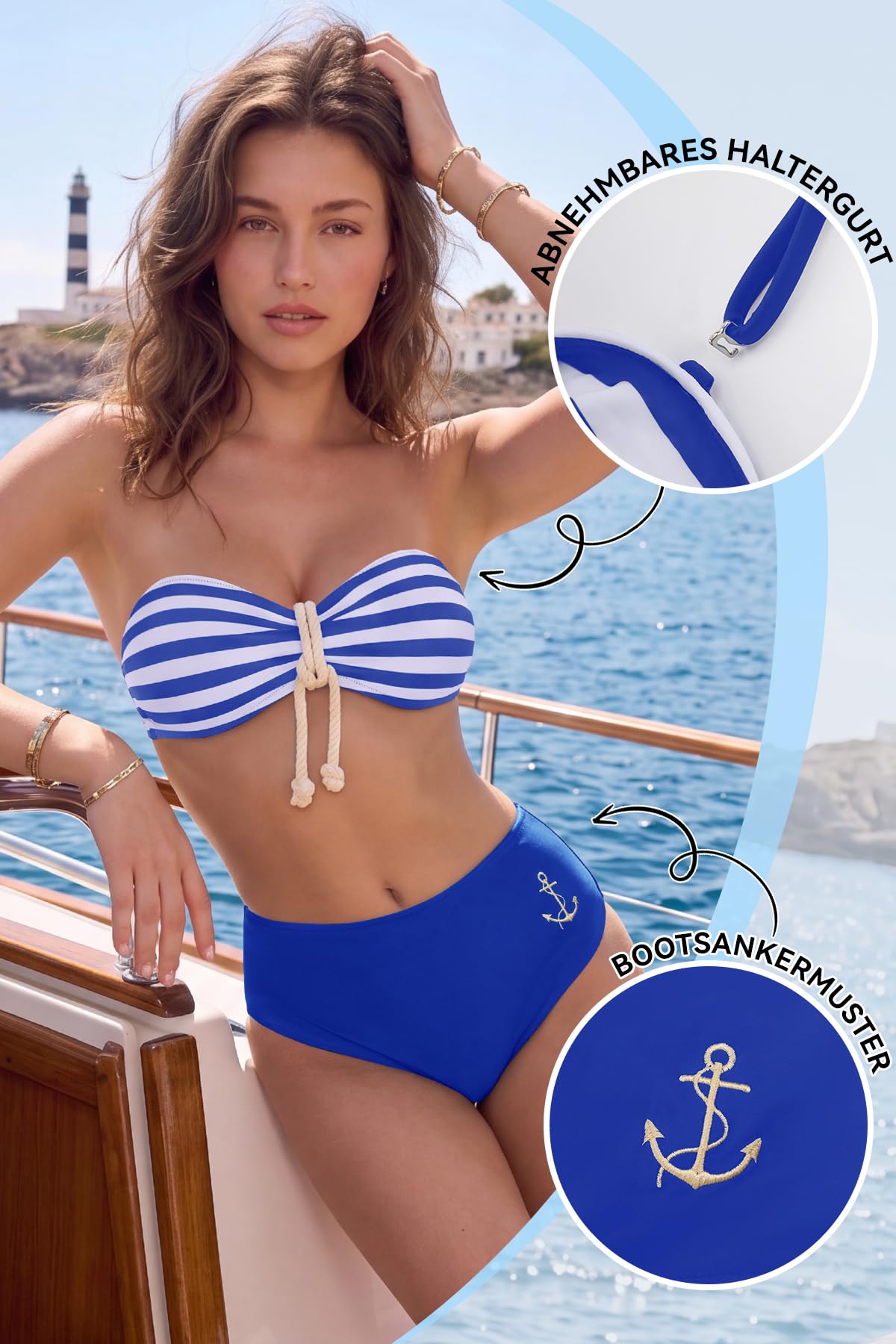 SHEKINI Maillot de bain deux pièces pour femme - Bandeau - Style bleu marine - Dos noué - Taille haute