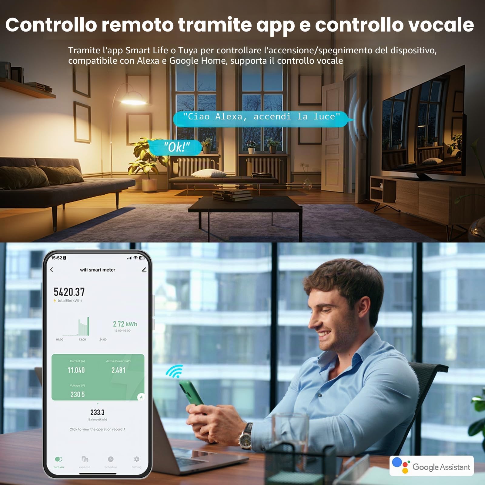 eMylo Smart Wifi Contatore elettrico Misuratore di energia monofase 35mm DIN Misuratore di elettricità su guida 60A 90-250V con display LCD digitale kWh Amperometro Monitor alimentazione domestica