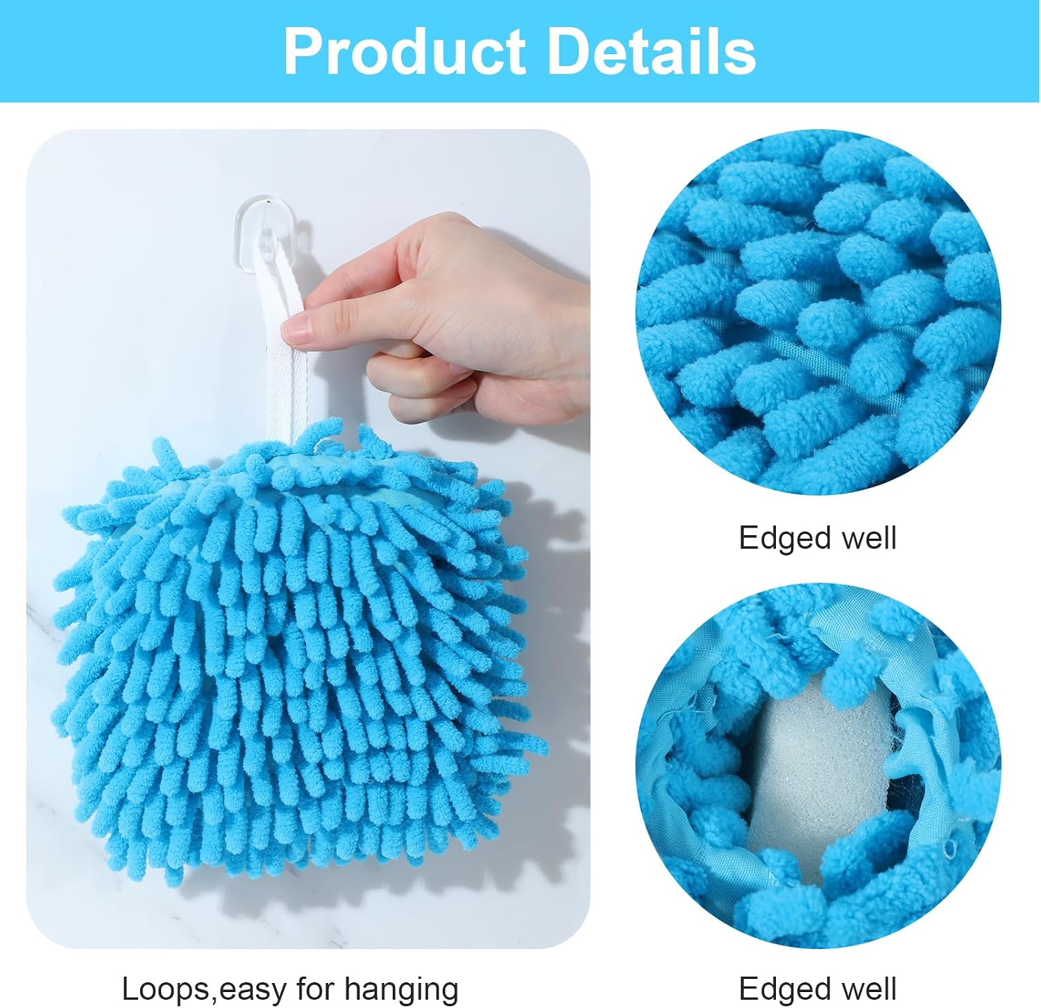 15 Pack Fluffy Towel, Chenille Fluffy Ball Hand Towel with Loop Absorbent Quick Dry Hand Hanging Bathroom Towels for Bathroom Kitchen Decor (3 Colors)