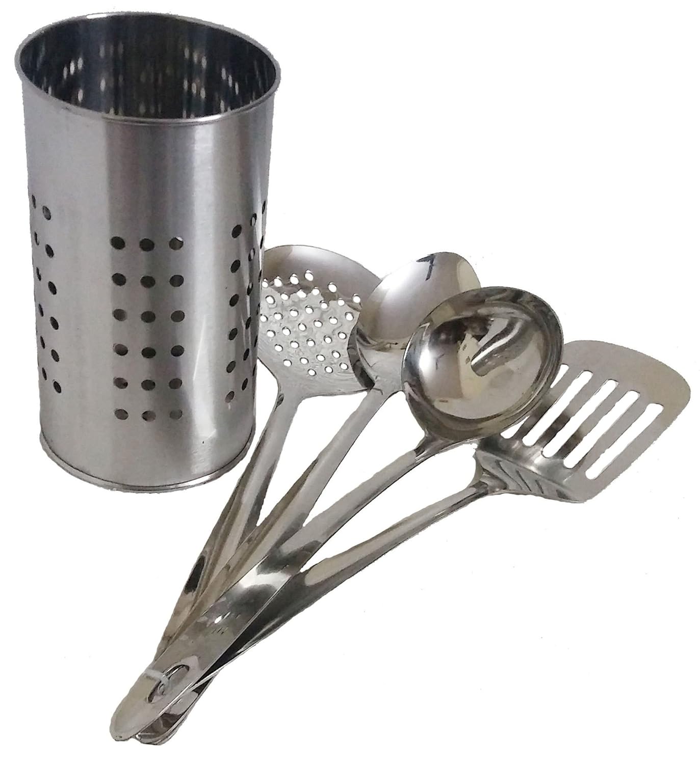 Buy Kitchen Tool Set Holder, Ladle, Turner Slotted, Skimmer & Spoon Solid (Set of 5 Pieces