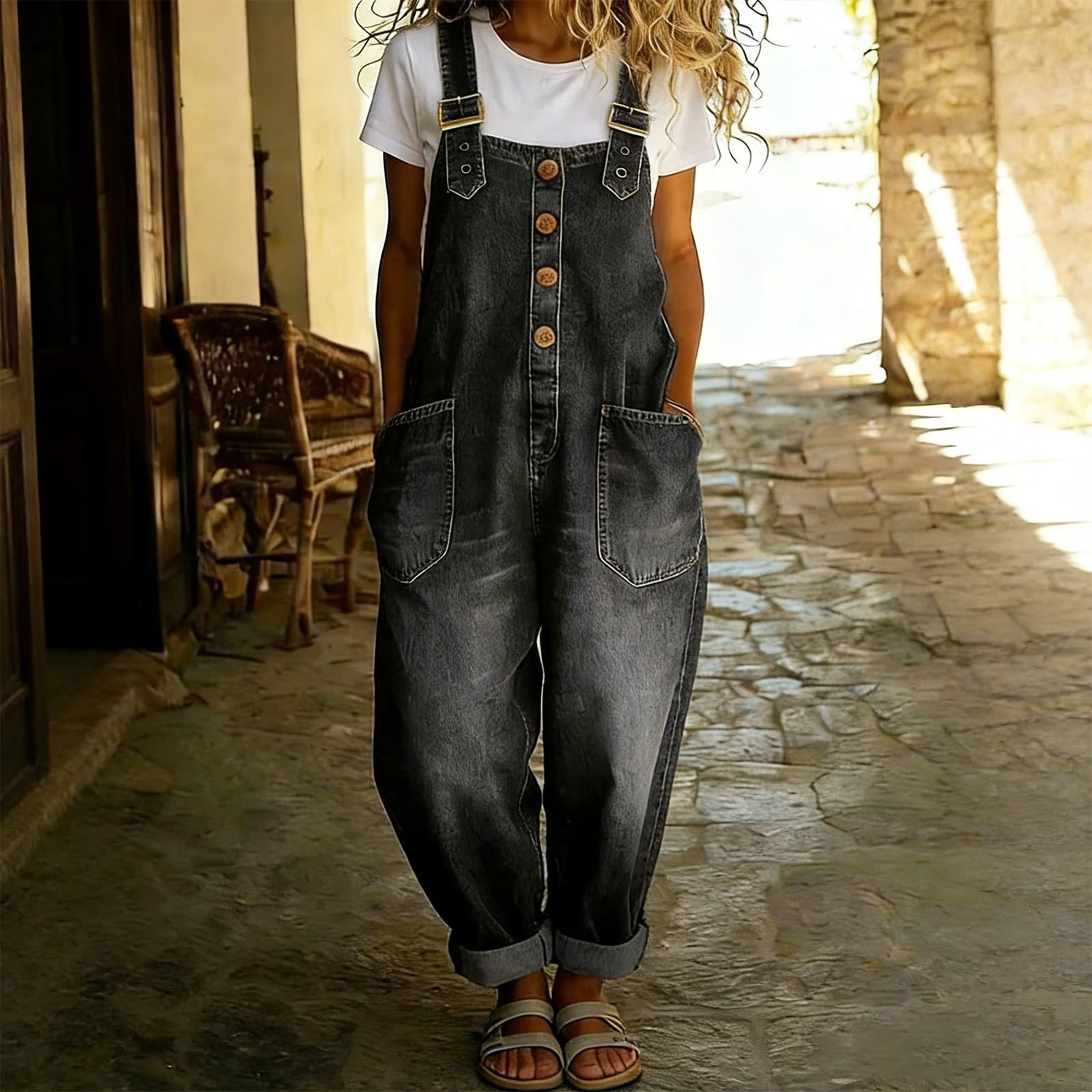 Generisch Peto para mujer, pantalones vaqueros holgados, mono con tirantes ajustables, pantalones ajustados, pantalones vaqueros con entrepierna profunda, pantalones vaqueros con aspecto desgastado