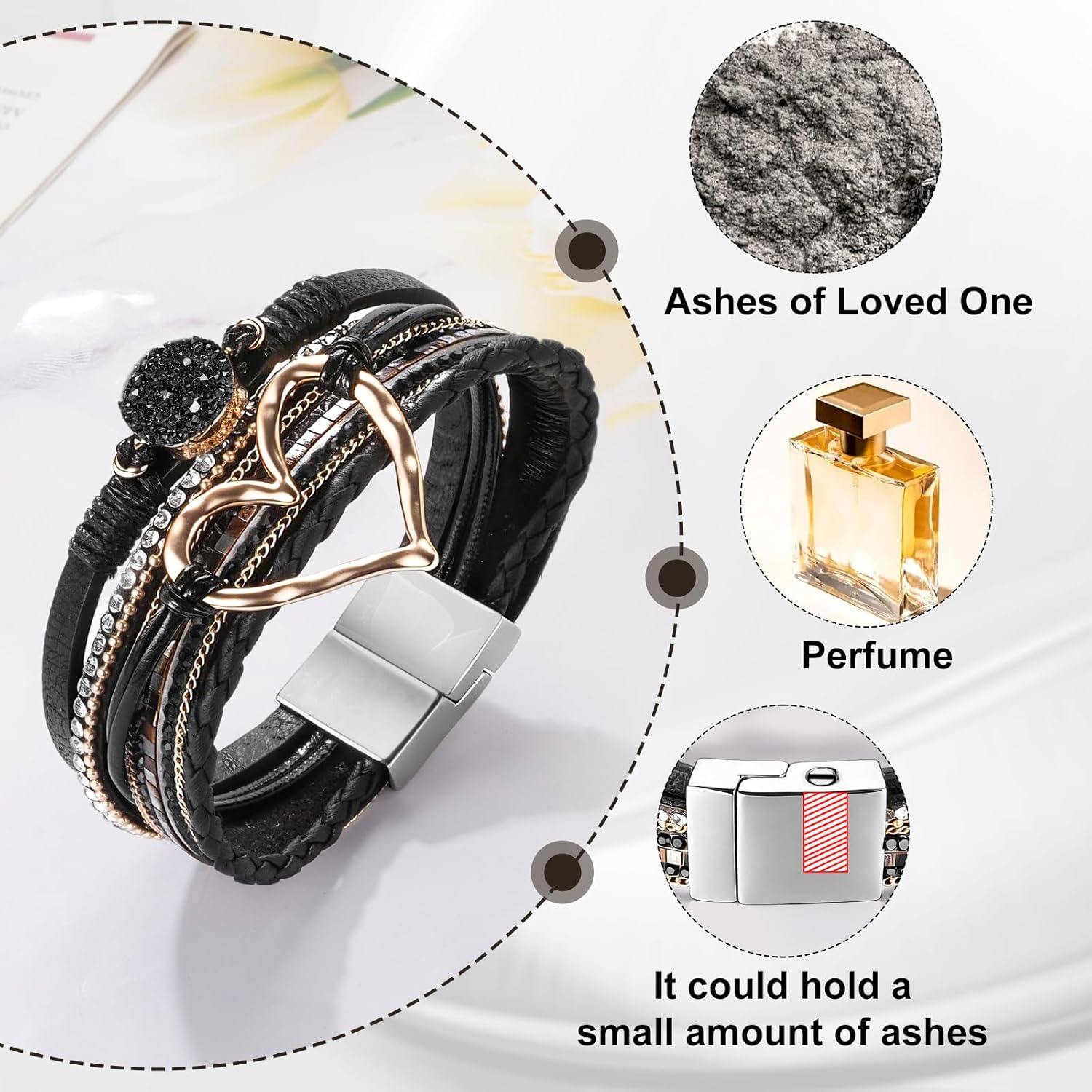 abooxiu Urn Bracelet for Ashes Cremation Jewelry for Ashes Heart Cremation Ash Bracelets Memorial Ash Keepsake Urn Jewelry for Women, Stainless Steel Leather Wrap Stackable Boho Cuff Bangles