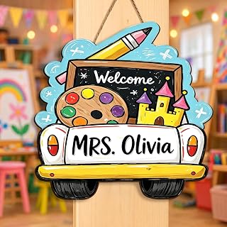 Personalized School Bus Welcome Sign for Classroom With Name | Teacher Name Signs For Classroom Door Decorations Back To School Teacher Appreciation Gift Wreath School Supplies Must Have
