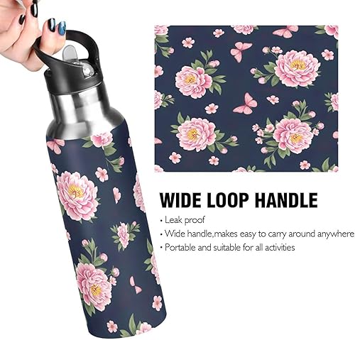 Miniatura 4 de Insulated Water Bottle 32 Oz, BPA-Free Sports Water Bottle with Straw for Gym Outdoor Travel School, Pink Peonies