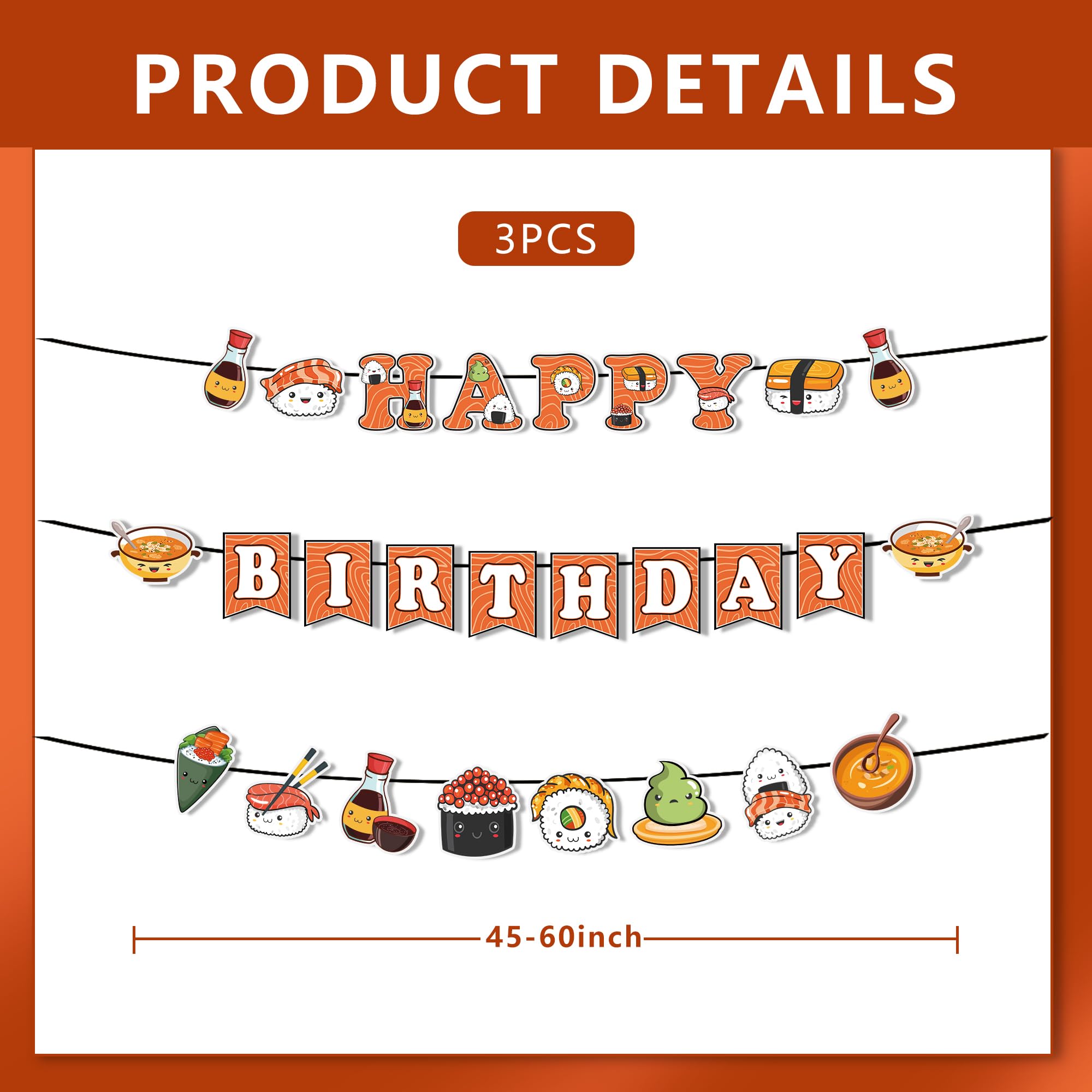Pancartas de sushi con texto en inglés «Happy Birthday» – 3 unidades de guirnaldas de sushi japonesas, decoraciones de fiesta de sushi japonés, suministros para fiestas de cumpleaños con temática de 4