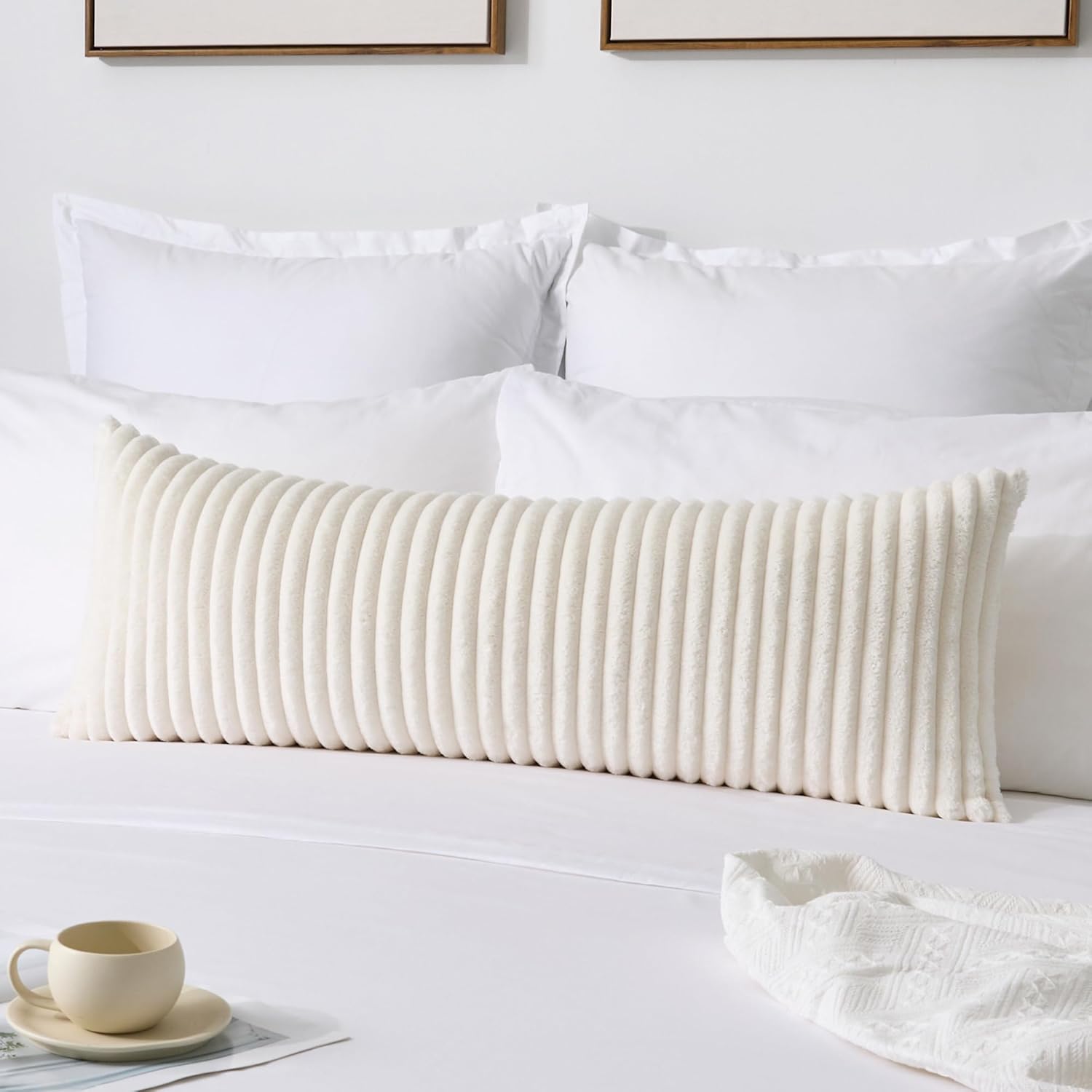 Kevin Textile Soft Plush 14x36 Inch Long Lumbar Pillow Cover 1 Pack, Luxury Fluffy Faux Fur Striped Flannel Rectangle Body Cushion Case for Couch Sofa Chair Bed Home Decor, Cream White