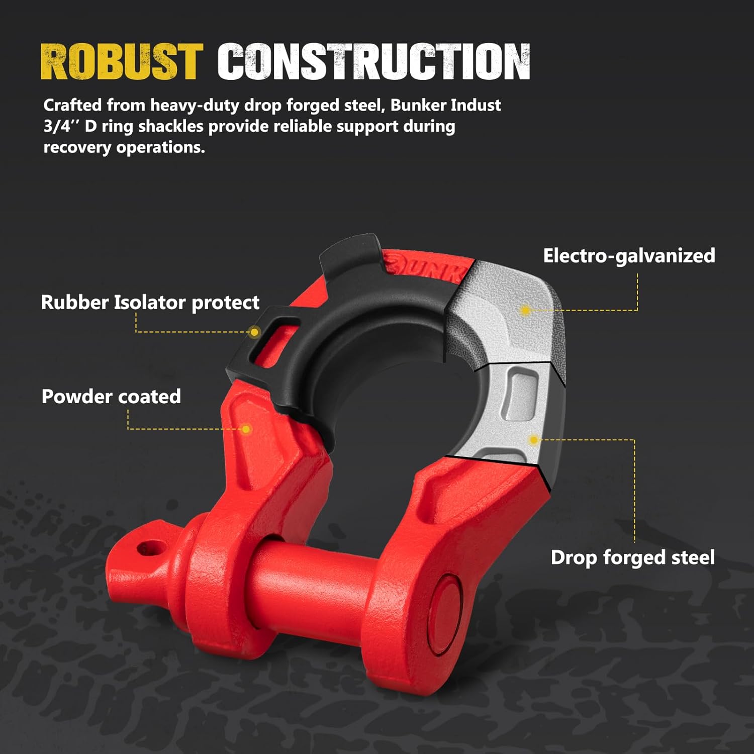 BUNKER INDUST 3/4" D Ring Shackle with Isolator (Red) + 3/8" x 100' 25000LBS Synthetic Winch Rope