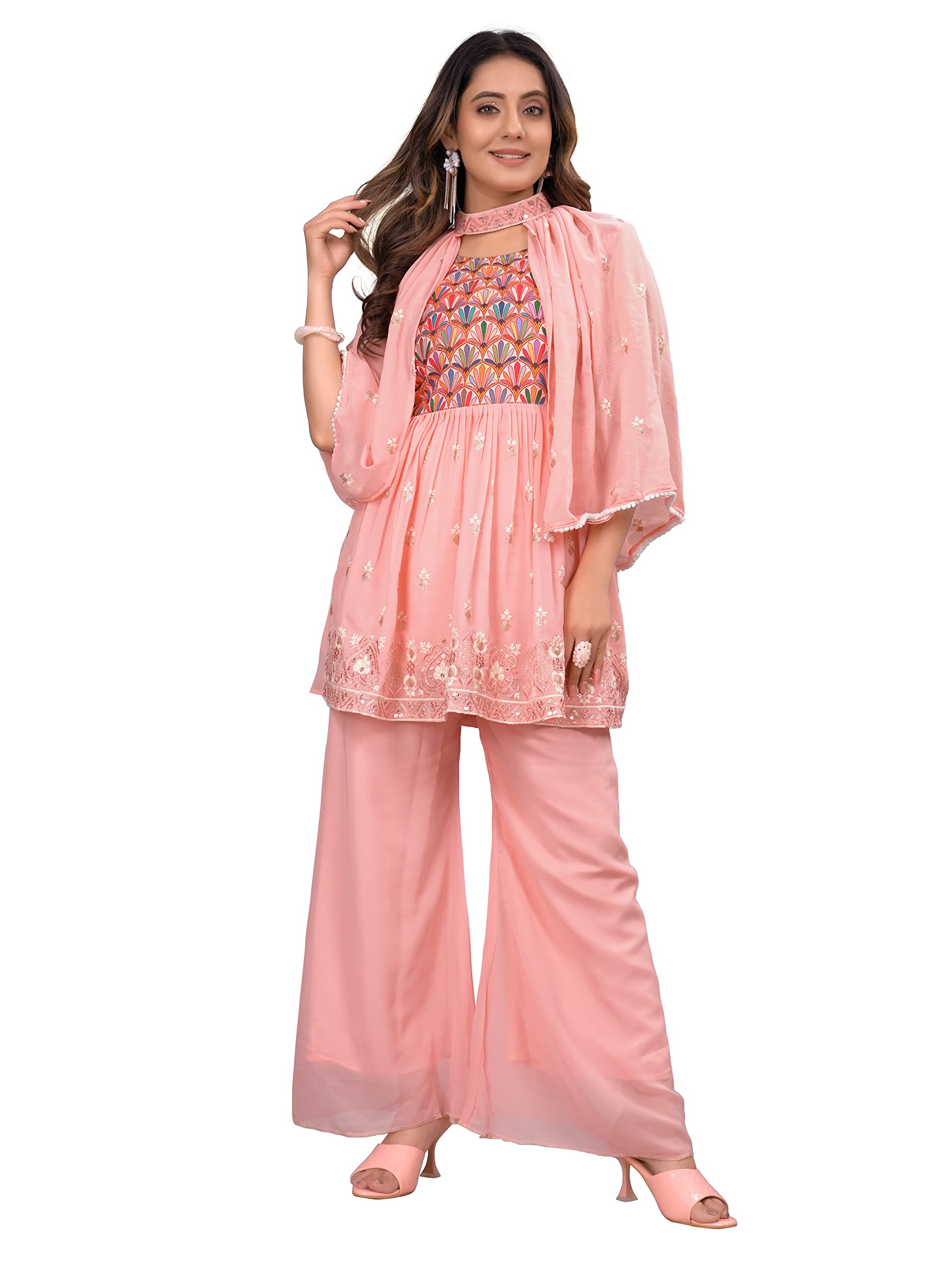 DGM studio Women's Georgette Sequence Printed Stitched Kurta, Sharara with Unique Dupatta Sets(D.NO-126), Peach, S