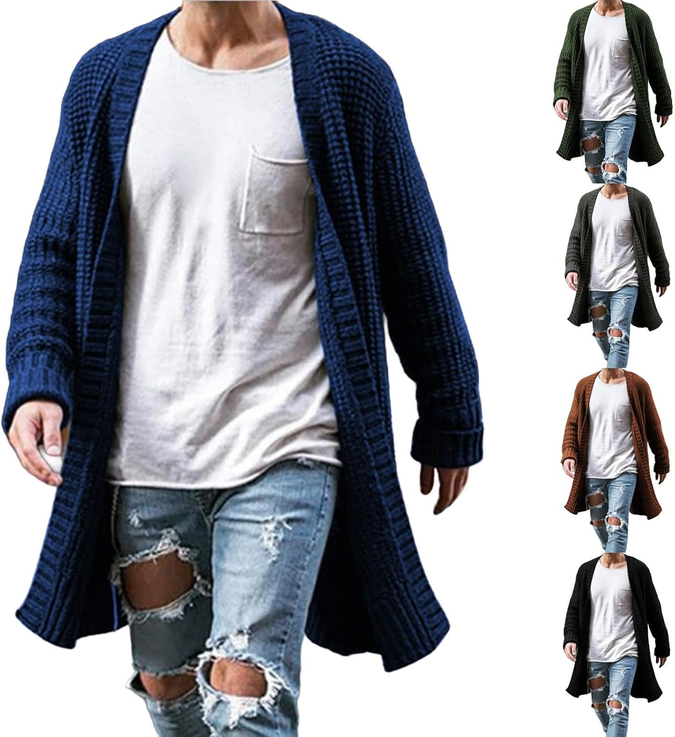 Cambkatl Mid-Length Cardigan Sweaters for Men Loose Open Front Chunky Knitted Cozy Winter Coats with Pockets