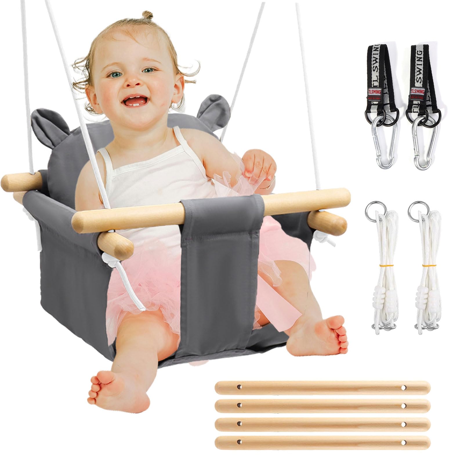 Altalena In Legno E Cotone Per Bambini, 6 Mesi-5 Anni, Con Cintura Di Sicurezza, Portata 25 Kg, Per Interno Ed Esterno - 2