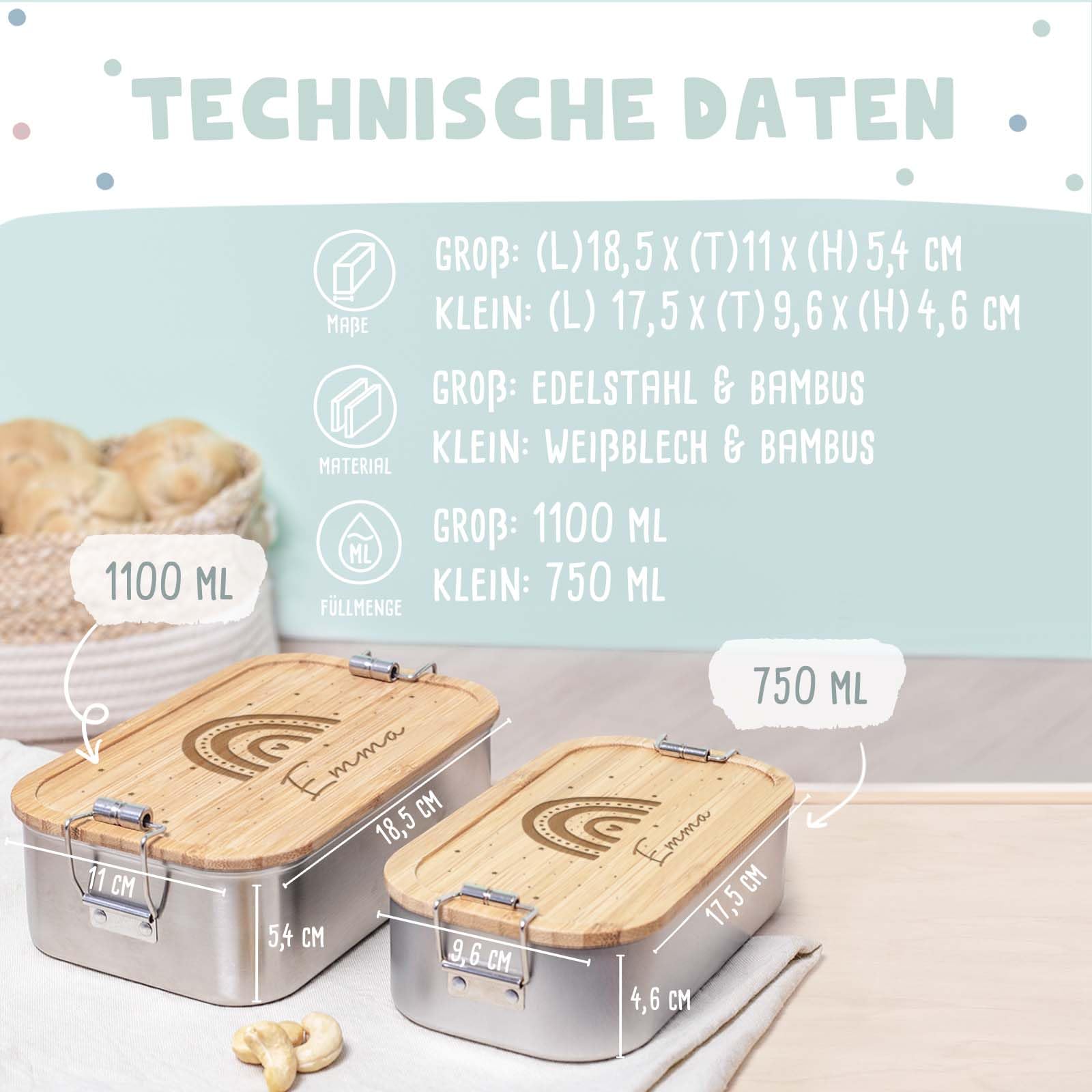 hellomini Lunchbox & Trinkflasche Bambus personalisiert | Geschenk zur Einschulung für Kinder | Isolierflasche Edelstahl & Brotdose mit Namen (Regenbogen)