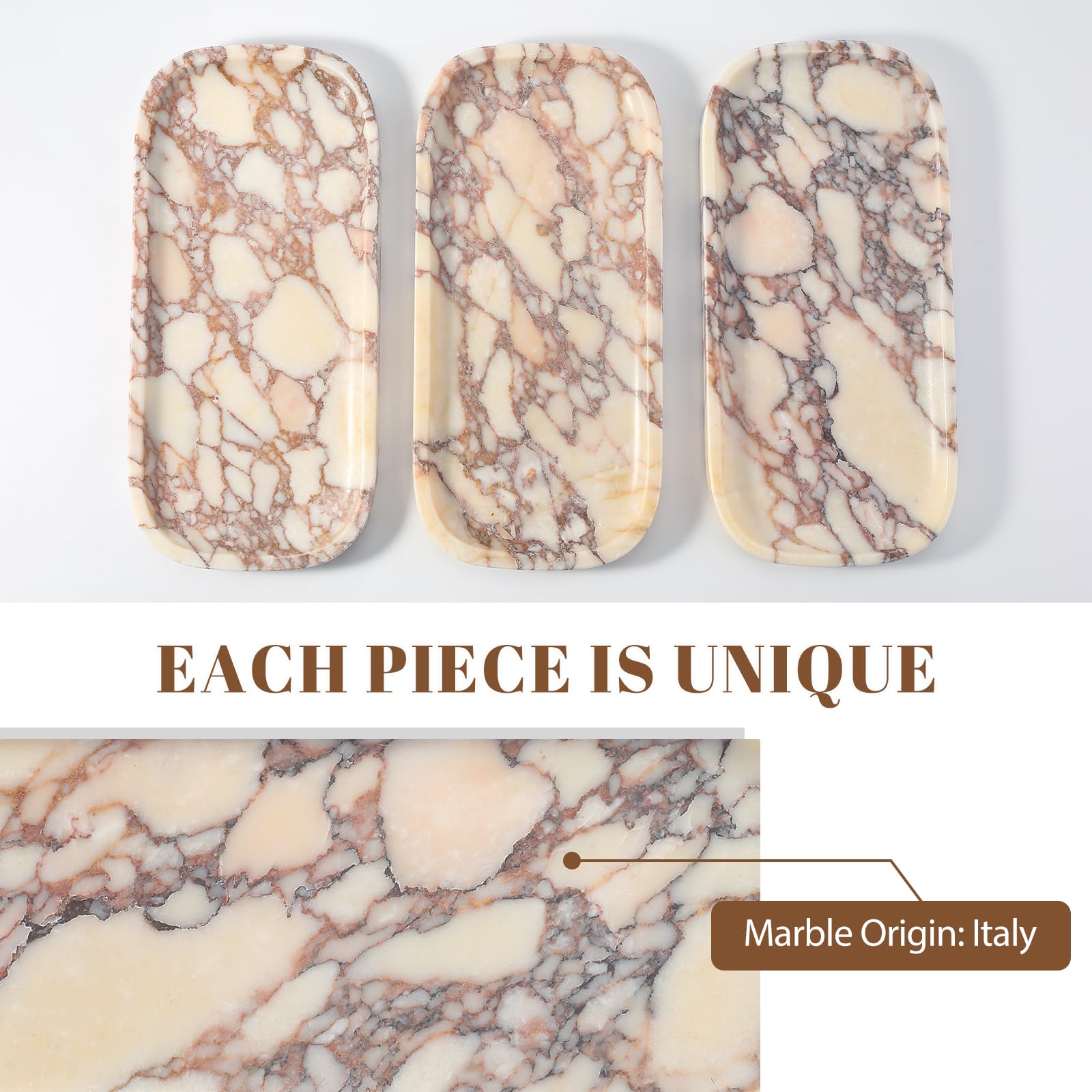 Koville Bandeja de mármol Calacatta Viola de lujo, bandeja de tocador de mármol de 10 x 5 pulgadas para encimera de baño, fregadero de cocina, bandeja rectangular de piedra para perfumes, joyas de