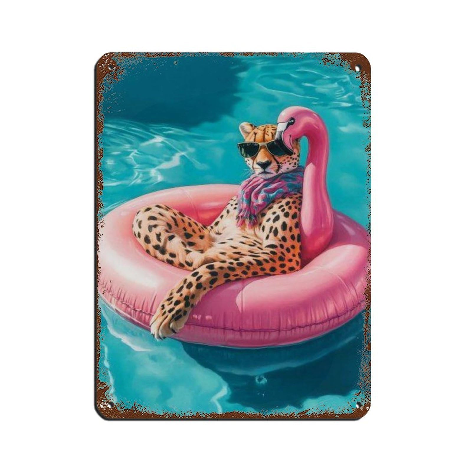 Lxwnze 30L X 40W Cm Stylish Cool Cheetah On Pink Flamingo Float Retro Poster Metal Tin Sign Chic Art Retro Iron Painting Bar People Cave Cafe Family Garage Poster Wall Decoration 12X16inch(30X40cm)
