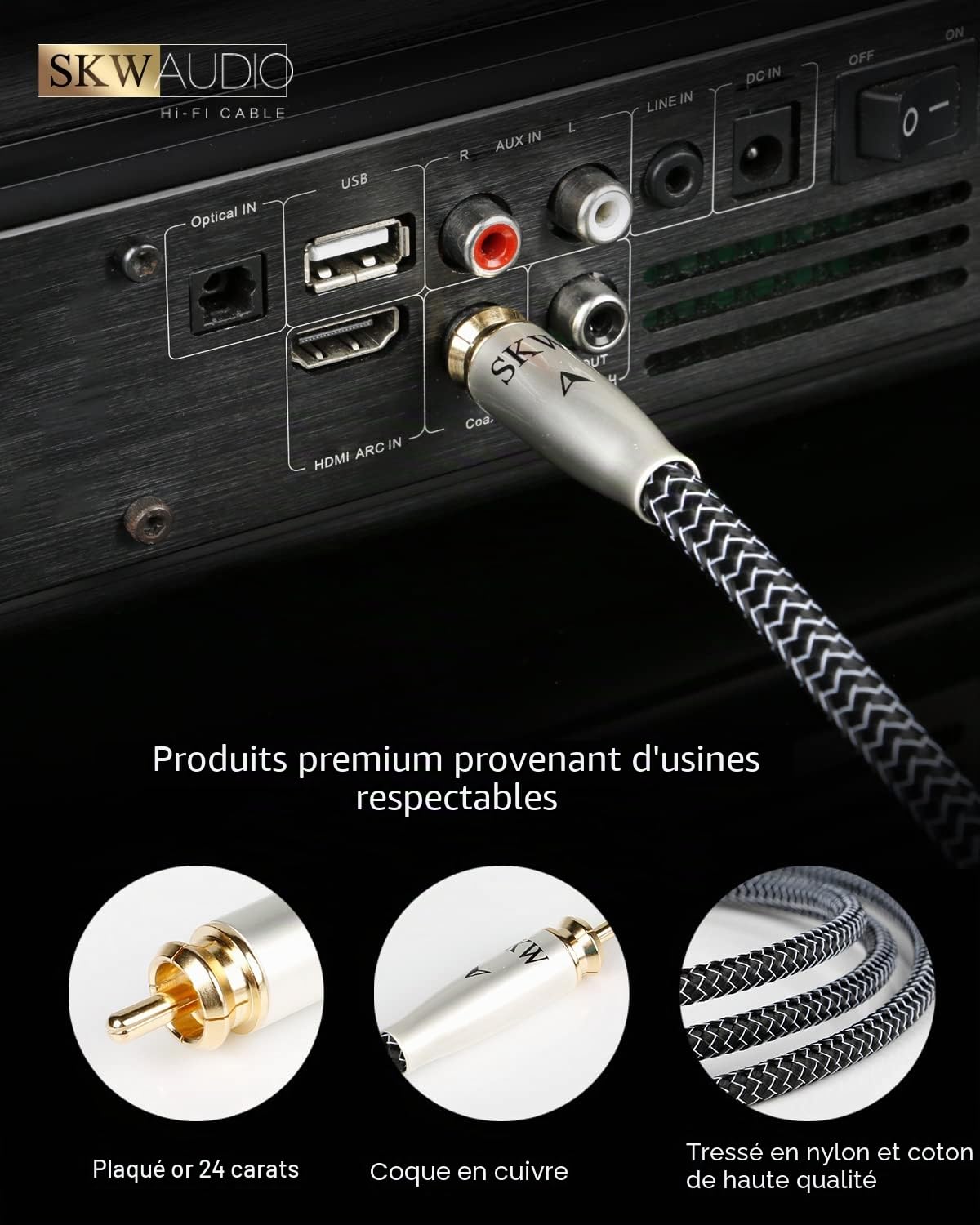 SKW Câble coaxial numérique RCA de haute qualité, câble coaxial RCA vers RCA S/PDIF en cuivre et argent pour CD, enceintes, récepteurs AV, amplificateurs, subwoofers - 5M