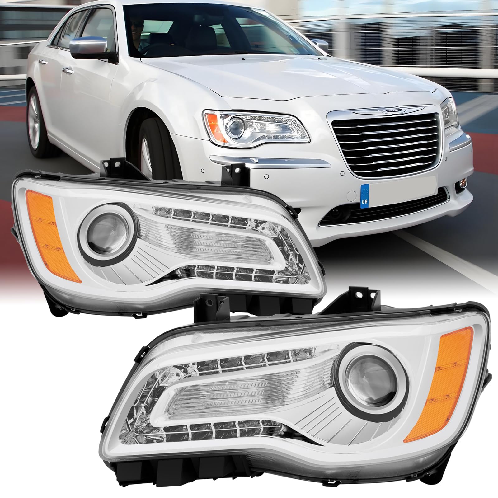 Headlight Assembly Set with Bulbs For 2011-2014 2015-2023 Chrysler 300 C Base S Touring Limited Replacement Headlamp Chrome Housing Amber Reflector With LED DRL Clear Lens Driver Passenger side(LH&RH)