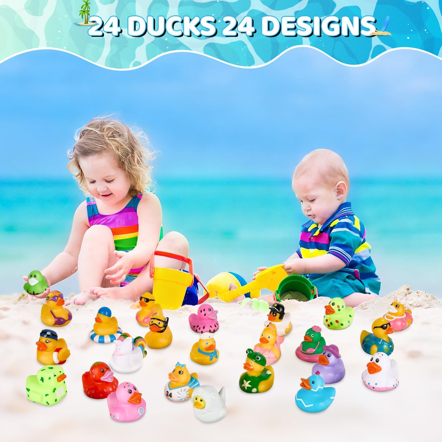 24Pack Summer Rubber Ducks with a Bag, Summer Duck for Jeeps, Assorted Beach Toys for Pool, Duckies Games, Party Favors, Birthday Gifts, Classroom Incentives, Baby Kids Swimming Pool Water Bath Toys
