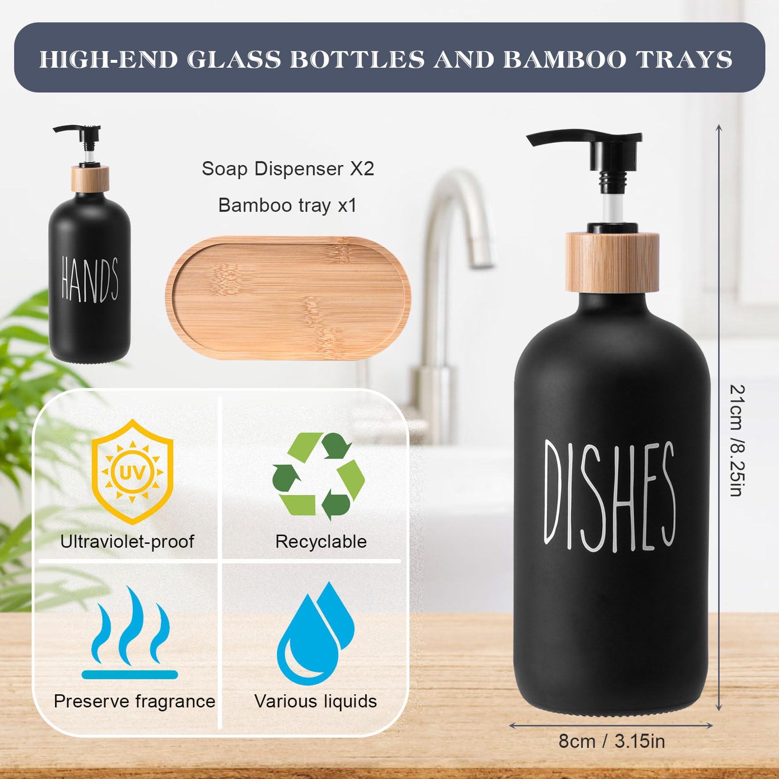 Elegante set di dispenser di sapone in vetro con vassoio - Decorazione nera e bianca per bagno e cucina - Capacità di 500 ml (bianco+nero)