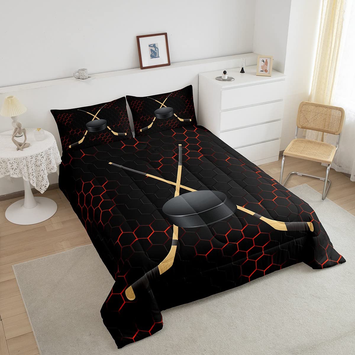 Ice Hockey Honeycomb Comforter Set - Queen Size, Geometric Sport Bedding With 2 Pillowcases, Soft & Lightweight