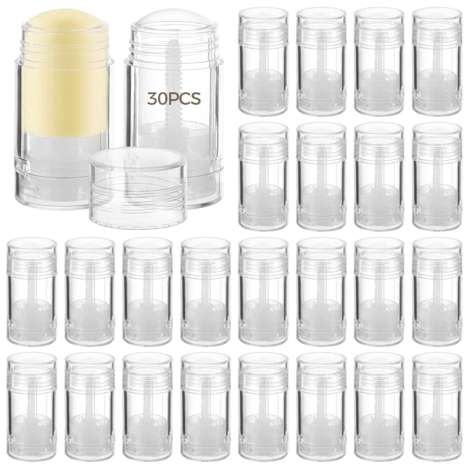 30 pustych pojemników na dezodoranty, przezroczyste plastikowe butelki do wielokrotnego napełniania, 30 ml skręcane tubki do balsamu do ust, solidne perfumy i kredki, przezroczyste etui