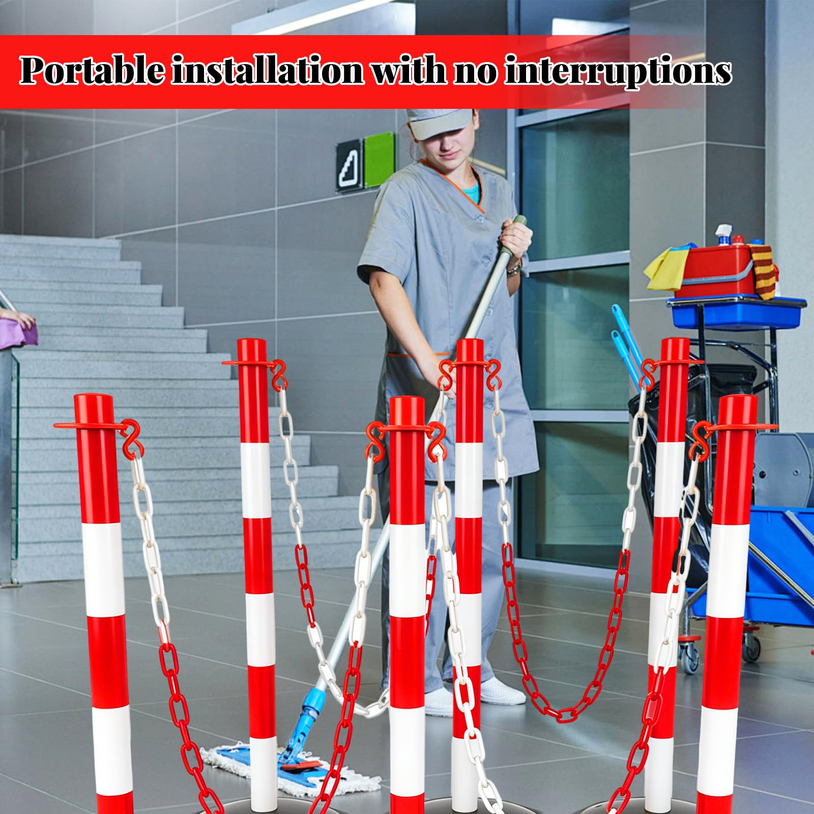 DAJAVE Catena di sicurezza da 50 m, in plastica, 6 mm, rosso e bianco, catena di sicurezza in plastica per bloccare superfici, blocco parcheggio