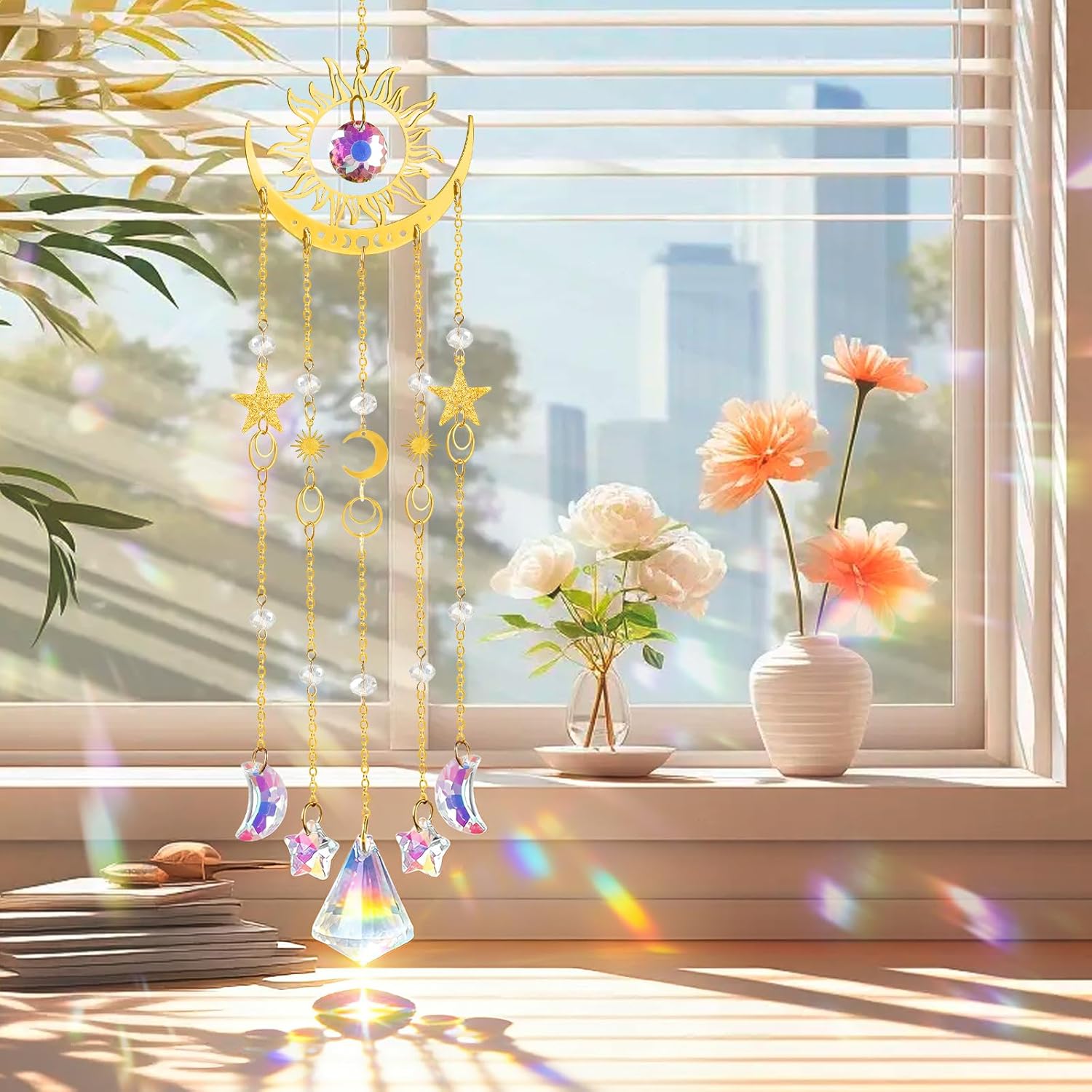 Crystal Suncatcher, Sun and Moon Suncatcher for Windows Hanging Indoor Outdoor, Prisms Rainbow Maker Home Garden Backyard Room Decor for Valentines's Mother's Day Birthday Housewarming Gift - Image 4
