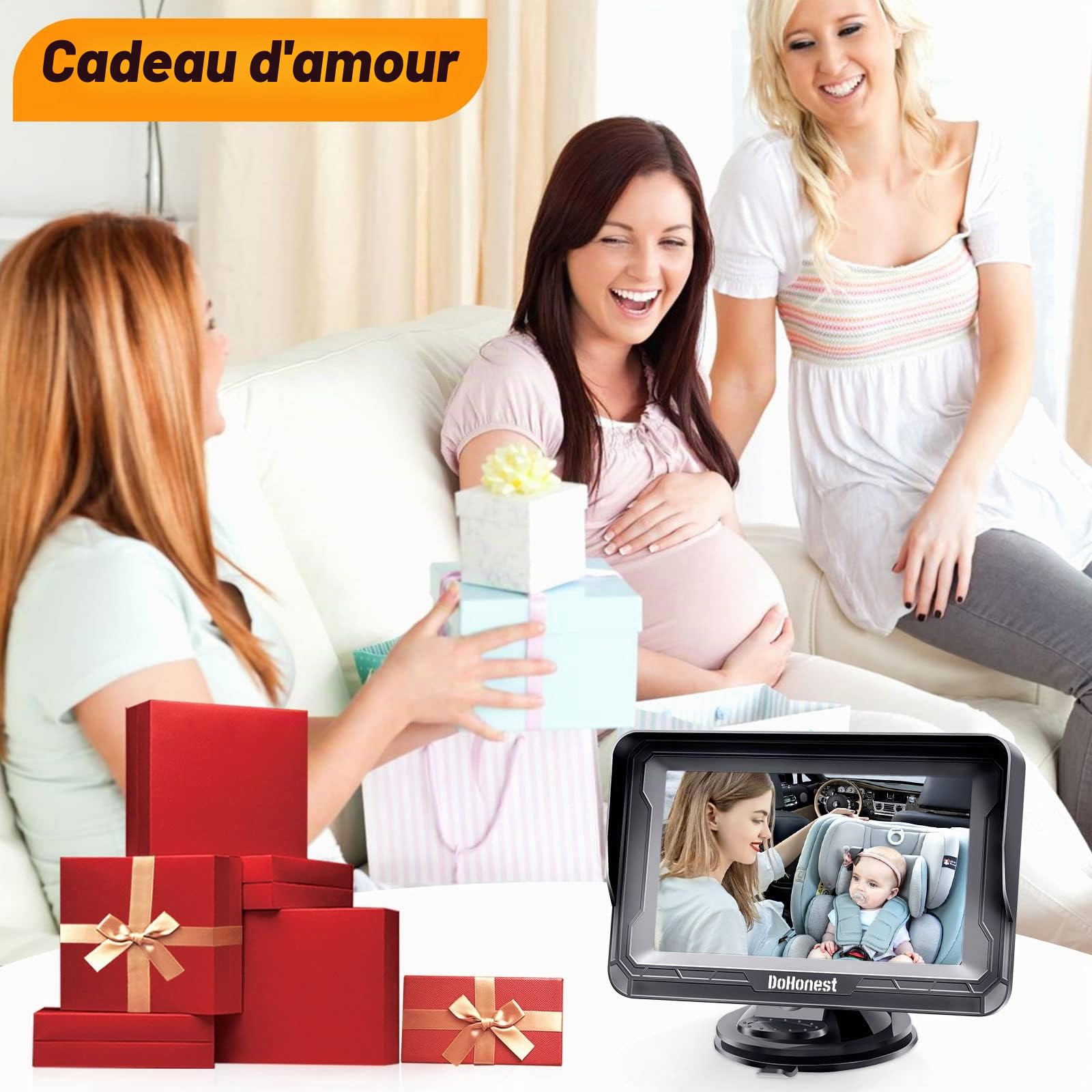 DoHonest Caméra de voiture pour bébé HD 1080p avec écran – Siège de sécurité enfant Miroir de voiture pour bébé pour visage arrière 5 minutes Installation facile Vision nocturne V33